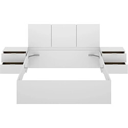 Cstore Ensemble structure de lit + tete de lit en 3 parties et 2 tables de nuit avec 2 tiroirs - HAVANA - 140 x 190 cm - Blanc