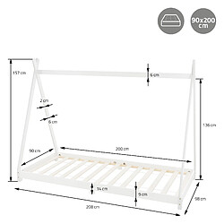 ML-Design Lit Tipi d'enfants + matelas et sommier à lattes en bois massif blanc 200x90 cm pas cher