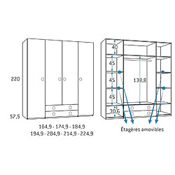 Inside 75 Armoire 4 portes 2 tiroirs 164,9 x 57,5 x 220 cm finition chêne blanchis