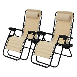 ML-Design 2x Chaise longue bain de soleil en acier beige avec appui-tête et porte-boisson