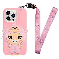 Coque en silicone motif de dessin animé, anti-chocs avec lanière pour votre iPhone 14 Pro Max - porc