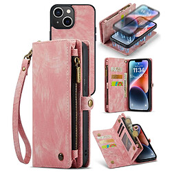 Etui en cuir fendu CASEME magnétique avec support, pochette à fermeture éclair et sangle pour votre iPhone 14 - rose