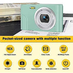 INF Appareil photo numérique 48MP FHD 1080p avec zoom 16x et carte mémoire de 32 Go Green