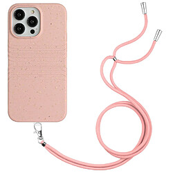 Coque en TPU + paille de blé entièrement biodégradable, texture naturelle, anti-chocs avec sangle pour votre iPhone 14 Pro Max - rose