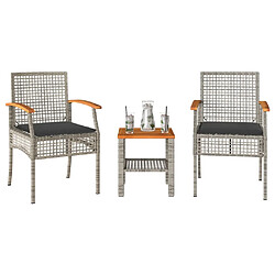 Maison Chic Ensemble de bistro 3 pcs coussins,Table + chaises + coussins de jardin gris résine tressée acacia -GKD624067