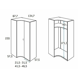 Inside 75 Armoire d'angle porte courbe à gauche 134,7 x 220 cm finition chêne blanchis 1 étagère