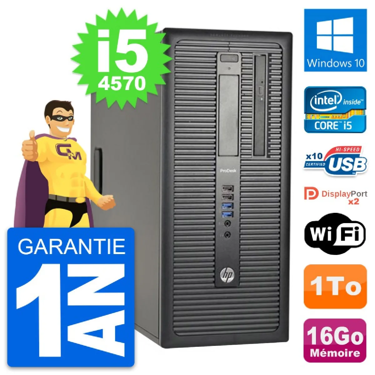 PC Tour HP ProDesk 600 G1 Intel i5-4570 RAM 16Go Disque Dur 1To Windows 10 Wifi - Occasion