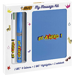 BIC My Message Kit Be a Hero - Kit de Papeterie avec 1 Stylo-Bille BIC 4 Couleurs/1 Surligneur BIC Highlighter Grip Bleu/1 Carnet de Notes A6 Blanc, Pack de 3 BIC