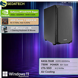 Sedatech Pack PC Gamer Silent Silent • AMD Ryzen 7 9800X3D • RTX4070Ti Super • 64Go DDR5 • 2To SSD M.2 • Windows 11 • Moniteur 28''