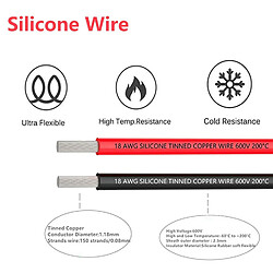 Avis Fil de Silicone 18 AWG Fil Électrique Flexible 5 Mètres [2,5 m Noir & 2,5 m Rouge] Fil de Cuivre Étamé Câble Résistance Haute Température