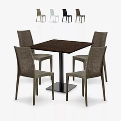 Grand Soleil Ensemble Table Bois 90x90cm Horeca et 4 Chaises Empilables Poly RotinBar Restaurant Café Barrett - Marron 