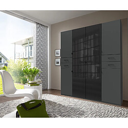 Pegane Armoire, meuble de rangement coloris Graphite et des fronts de porte en verre noir - Longueur 180 x Hauteur 208 x Profondeur 58 cm