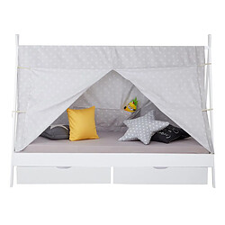 Homestyle4U Lit enfant Tipi 90x200 Blanc avec Sommier à Lattes Tiroir 2 tiroirs et Tissu de Tente Gris étoilé