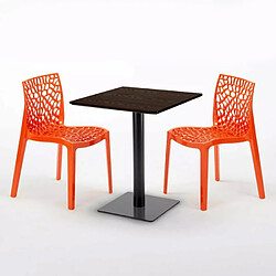 Avis Grand Soleil Table carrée 60x60 pied noir et surface bois avec 2 chaises colorées Gruvyer Kiss - Orange