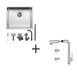 Auralum MAX Évier Cuisine Inox 1 Bac 50*43*18CM avec Distributeur Savon+Mitigeur d'Évier avec Douchette Extractible,2 Modes Jets Eau Froide/Chaude,Brossé