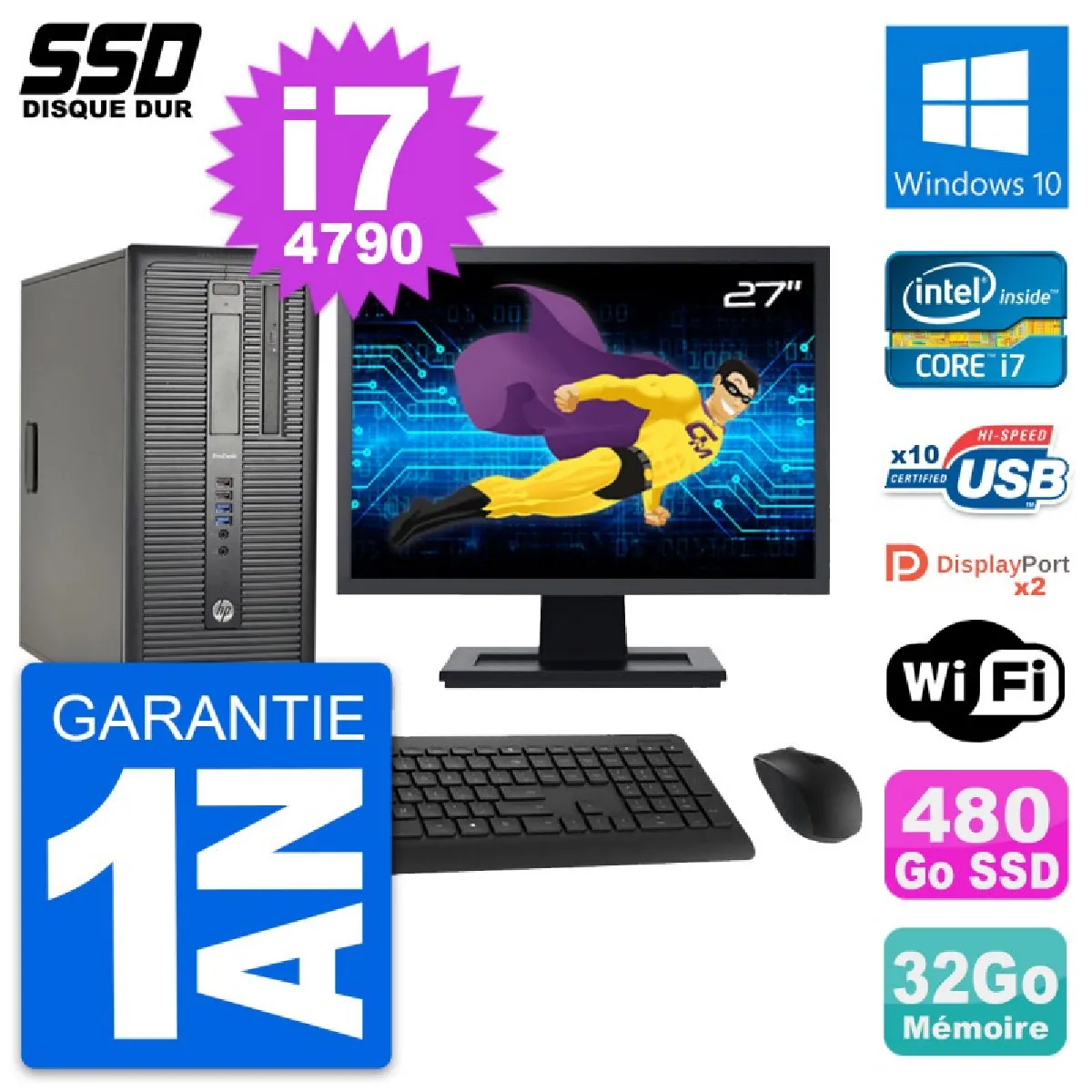 PC Tour HP ProDesk 600 G1 Ecran 27" i7-4790 RAM 32Go SSD 480Go Windows 10 Wifi - Occasion