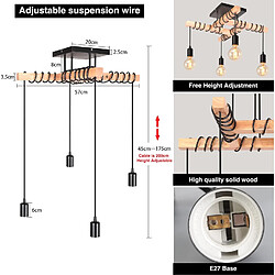 Stoex 4 Lampes Suspension Luminaire Vintage E27 Éclairage De Plafond Rétro Noir Lustre Plafonnier En Métal Et Bois Pour Salon Salle À Manger Cuisine pas cher