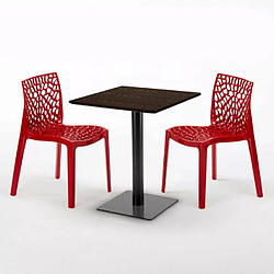 Avis Grand Soleil Table carrée 60x60 pied noir et surface bois avec 2 chaises colorées Gruvyer Kiss - Rouge