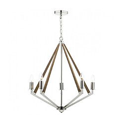 Luminaire Center Suspension Hotel nicke poli et bois 5 ampoules