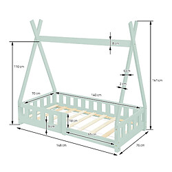 ML-Design Lit d'enfant 70 x 140 cm menthe tipi antichute en bois pin avec grille sécurité pas cher