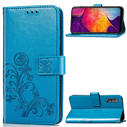 Wewoo Housse Coque Étui en cuir à Motif fleurs pressées Lucky Clover pour Galaxy A50avec porte-cartes et & Portefeuille et dragonne Bleu