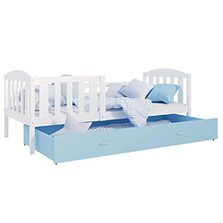 Kids Literie Lit Enfant Teo 90x190 Blanc - bleu Livré avec sommiers, tiroir et matelas en mousse de 7cm