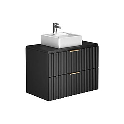 Avis Vente-Unique Meuble de salle de bain suspendu strié avec vasque à poser et colonne - Noir - 80 cm - ZEVARA