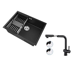 Auralum MAX Évier Cuisine 1 Bac 60*44*20CM,inox 304,à Encastrer avec Panier Drainage,Noir+Robinet Cuisine Douchette Extractible Deux Jets Pivotant 360°,Noir