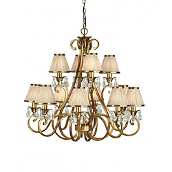 Interiors 1900 Chandelier Oksana, laiton antique, gouttes cristal, 12 abat-jours beiges