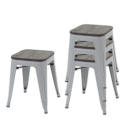 Decoshop26 Lot de 4 tabourets bas design industriel empilables assise en bois en métal gris 04_0005230