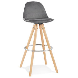 Alterego Tabouret de bar 'SPIRIT' en velours gris et pieds en bois naturel