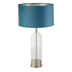 Searchlight Lampe de table en verre, nickel satiné, abat-jour en velours bleu sarcelle