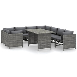 vidaXL Salon de jardin 9 pcs avec coussins Résine tressée Gris