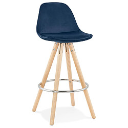 Alterego Tabouret snack mi-hauteur 'SPIRIT MINI' en velours bleu et pieds en bois naturel