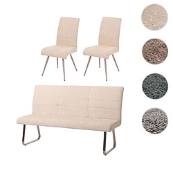 Mendler Set de salle à manger HWC-G55, set de 2 chaises + banc 180cm, inox brossé tissu/textile chenille ~ crème