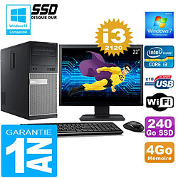 PC Tour DELL 7010 Core I3-2120 Ram 4Go Disque 240 Go SSD Wifi W7 Ecran 22" - Occasion