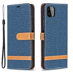 Etui en PU Tissu de jeans de couleurs assorties avec dragonne bleu foncé pour votre Samsung Galaxy A22 5G (EU Version)