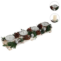 Mendler Arrangement de l'Avent HWC-M12 avec porte-bougies, couronne de l'Avent, décoration de Noël en bois argenté blanc 18x49x13cm ~ sans bougies