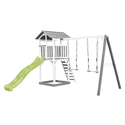 AXI Beach Tower Aire de Jeux avec Toboggan en VERT Clair, 2 Balançoires & Bac à Sable | Grande Maison Enfant extérieur en Gris & BLANC | Cabane de Jeu en Bois FSC