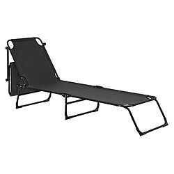 Helloshop26 Bain de soleil transat chaise longue pliable avec pare-soleil acier PVC polyester 187 cm noir 03_0000990