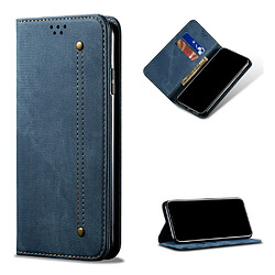 Etui en PU tissu de jeans auto-absorbé de style de loisirs avec support bleu pour votre Samsung Galaxy A11 EU Version