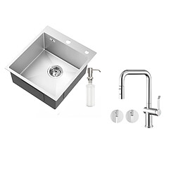 Auralum MAX Évier Cuisine 1Bac Argent,44*49*20 CM,avec Distributeur Savon,Inox+Robinet Cuisine avec Douchette Extractible Rotatif 360 °2 Fonctions,Chromé