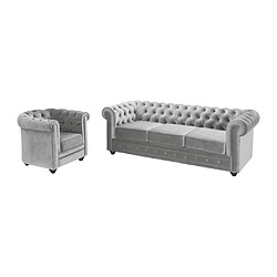 Vente-Unique Canapé 3 places et fauteuil CHESTERFIELD - Velours gris clair