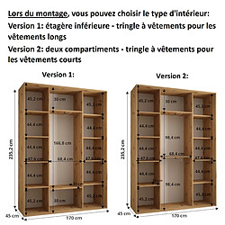 Abiks Meble Armoire à portes coulissantes Davos 2 H235.2 x L170 x P45 3 portes coulissante (Blanc/Blanc/Noir) pas cher