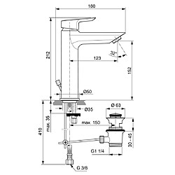 Ideal Standard - Mitigeur lavabo grande monotrou Ch3 sans tirette ni vidage 212 mm chrome - Tesi