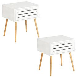 Toilinux Lot de 2 Tables de chevet Finja avec 1 tiroir en Bambou et MDF - Blanc et bois