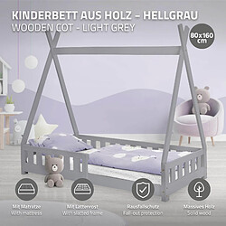 ML-Design Lit d'enfant Tipi + matelas lit avec protection antichutes en bois gris 80x160cm