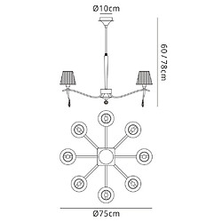 Luminaire Center Suspension Siena rond 8 Ampoules E14, laiton poli avec Abat jours crème ambré et cristal transaparent