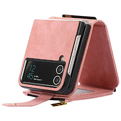 Etui en PU avec support, pochette à fermeture éclair et porte-cartes pour votre Samsung Galaxy Flip4 5G - rose