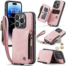 Etui en PU CASEME avec béquille à fermeture éclair, porte-cartes et bandoulière pour votre iPhone 14 Pro - rose